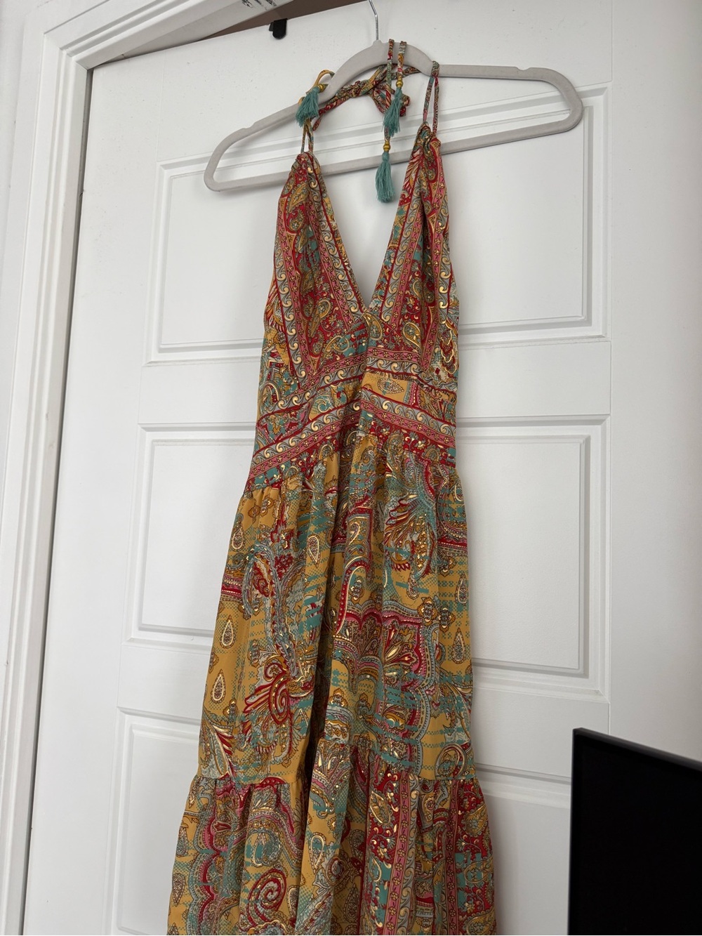 Bohemian Halter Midi Dress in Mustard Paisley - Picture 3 of 6